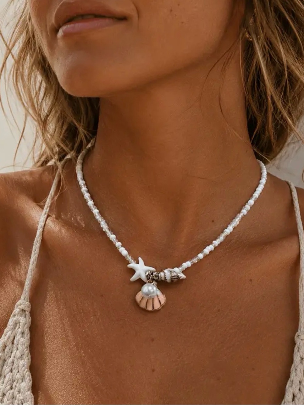 White Beaded Seashell Charm Necklace with Starfish and Pearl